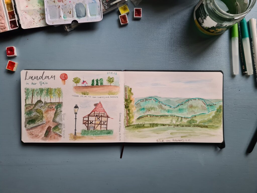 Ein Aquarell-Bild aus Landau mit Aquarell gemalt und mit brauner Tinte beschrieben. Die Texte auf der Landschaft sind Poesie und Gedichte aus meinem Gedichtband